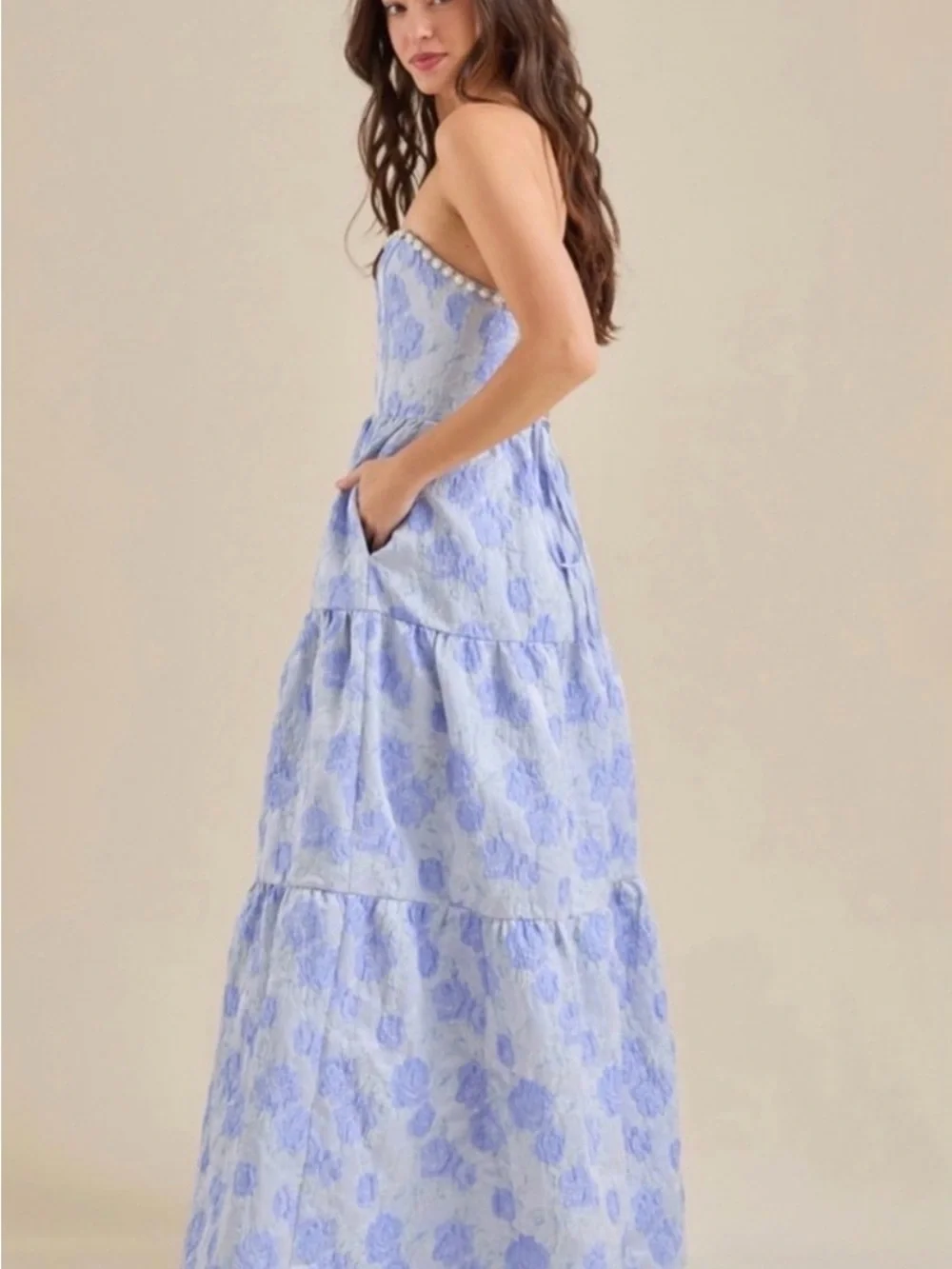 Altar'd State Strapless Light Blue Jaquard Floral Maxi Dress NWT - Picture 4 of 7